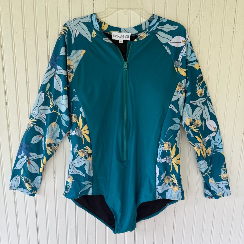 Hanna Nikole Sz 20W Teal Floral Long Sleeve Swimsuit Rash guard Zip Front - New